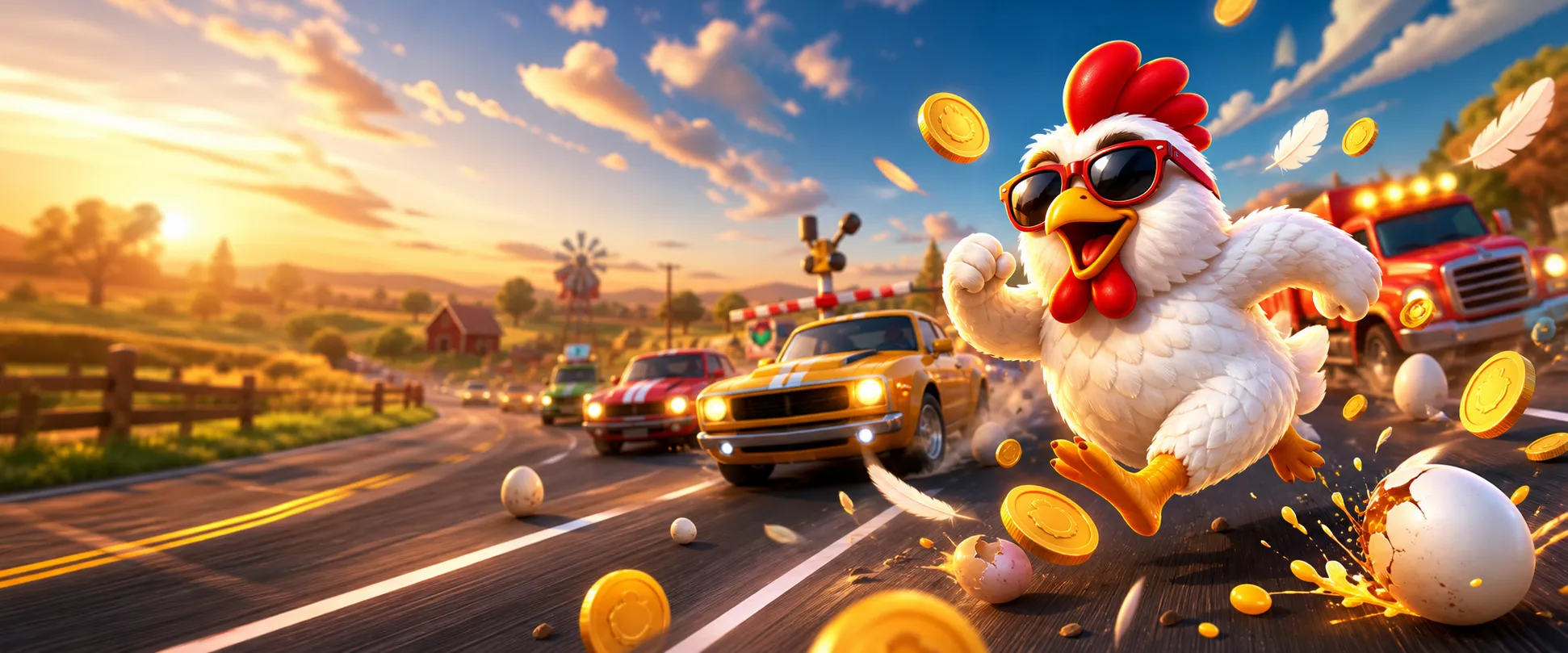 3D CGI Chicken Road game scene with confident chicken crossing vibrant traffic road with coins and eggs.