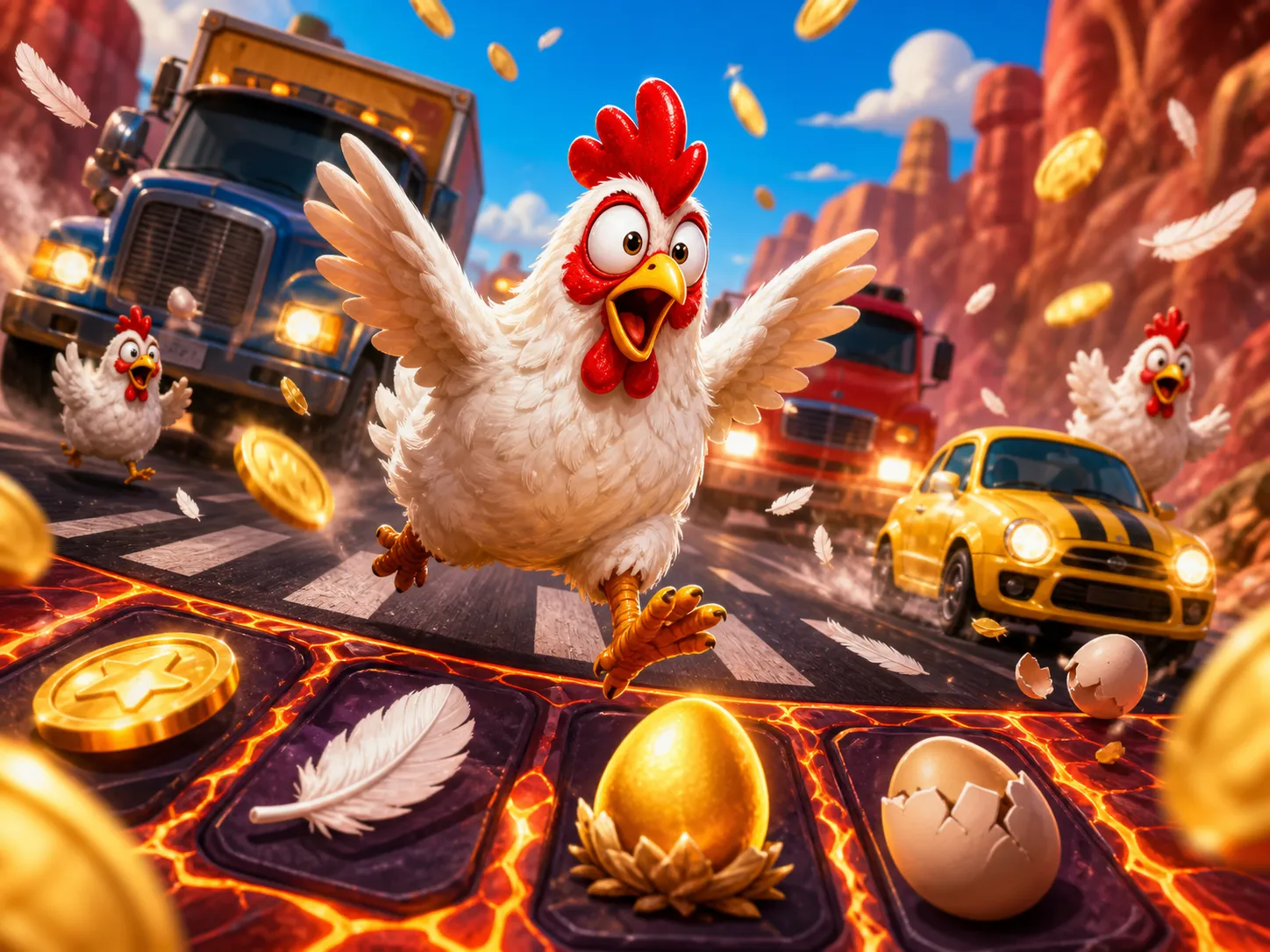 Promotional artwork featuring a cartoon chicken crossing a vibrant road with traffic lanes, feathers, and playful danger.