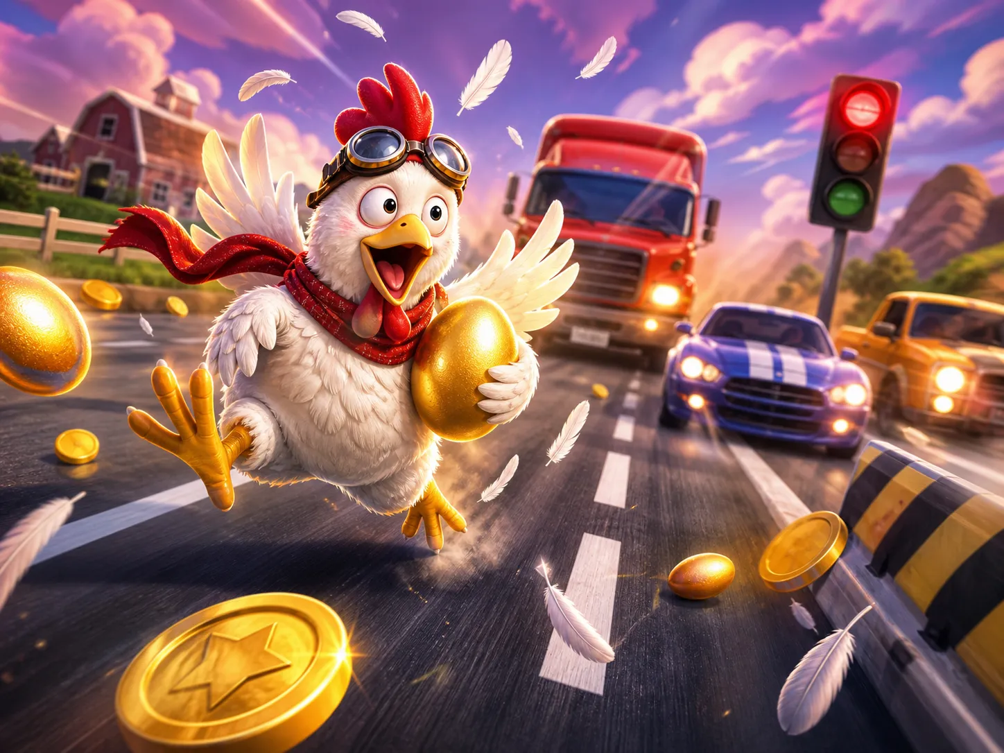 Cartoon chicken crossing a busy road in a playful game setting with traffic lanes and lively atmosphere.